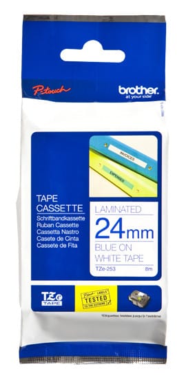Brother Ruban pour étiqueteuse 24mm Ruban laminé de 24 mm de large, bleu sur blanc, 8 m (TZE253)