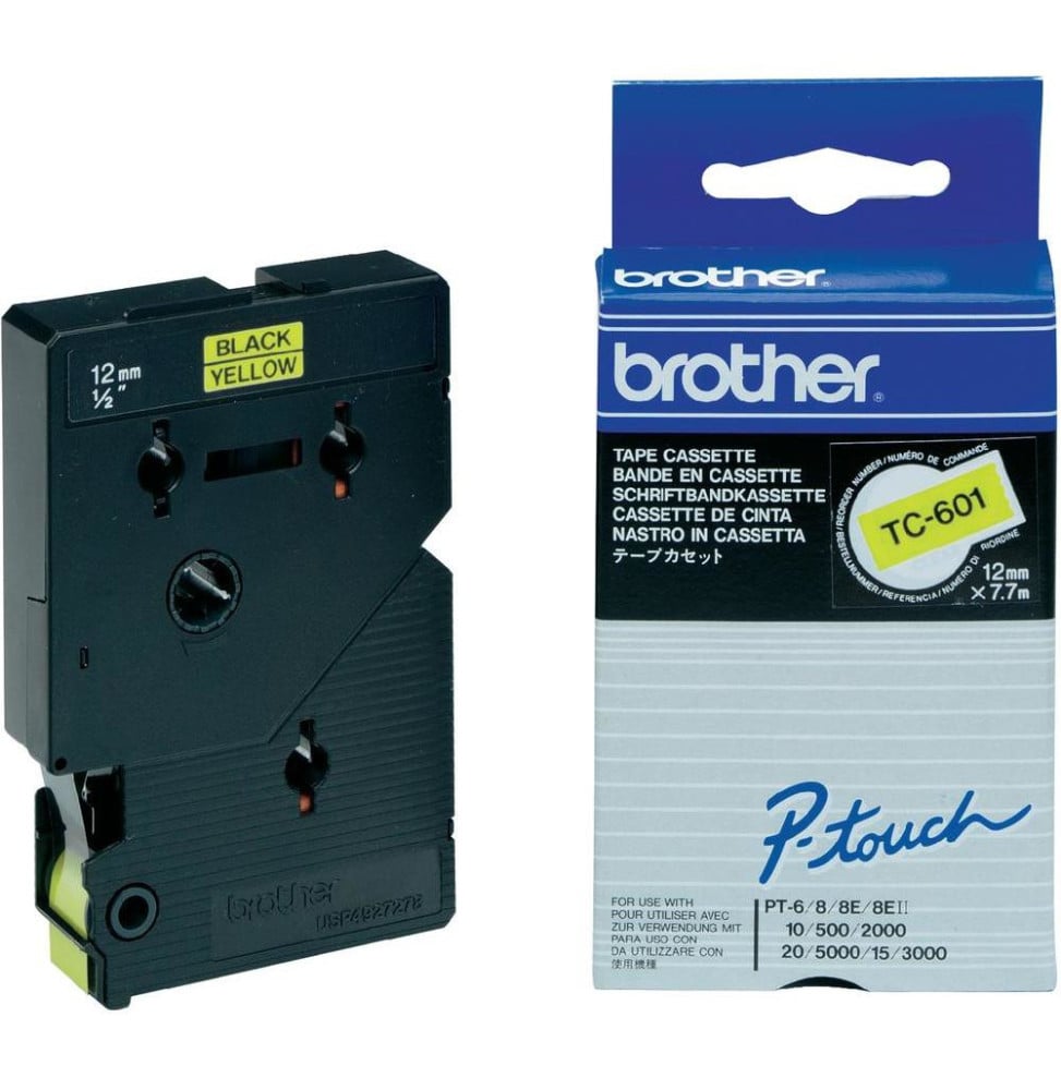 Brother Ruban pour étiqueteuse 12mm Ruban laminé de 12 mm, noir sur jaune  (TC-601)