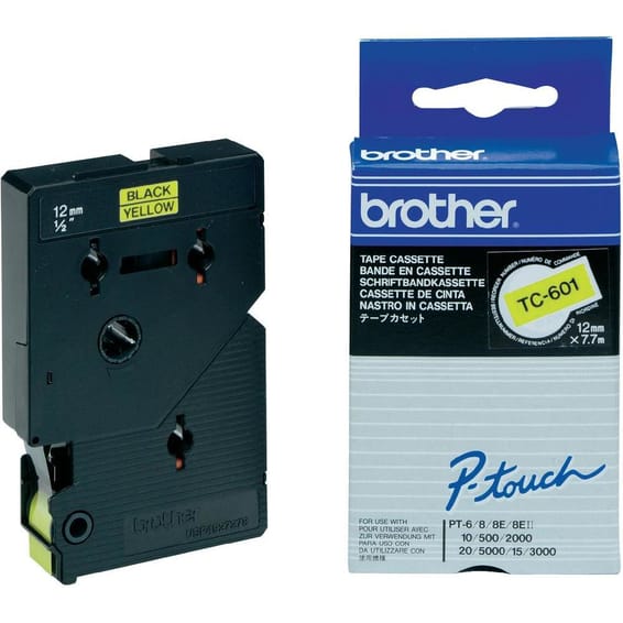 Brother Ruban pour étiqueteuse 12mm Ruban laminé de 12 mm, noir sur jaune (TC-601)