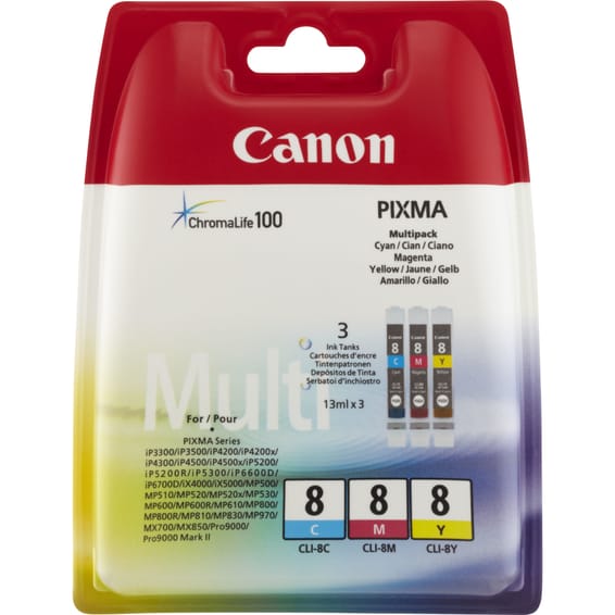 Canon Multipack de cartouches d'encre couleur CLI-8 C/M/Y Multipack de cartouches d'encre couleur CLI-8 C/M/Y (0621B029)