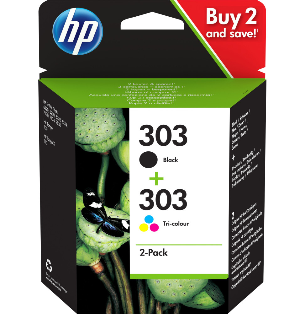 HP Pack de 2 cartouches authentiques d'encre noire/trois couleurs 303 (3YM92AE)
