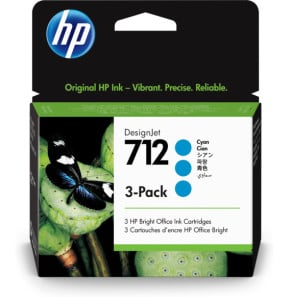 HP Pack de 3 cartouches d'encre DesignJet 712, cyan, 29 ml (3ED77A)