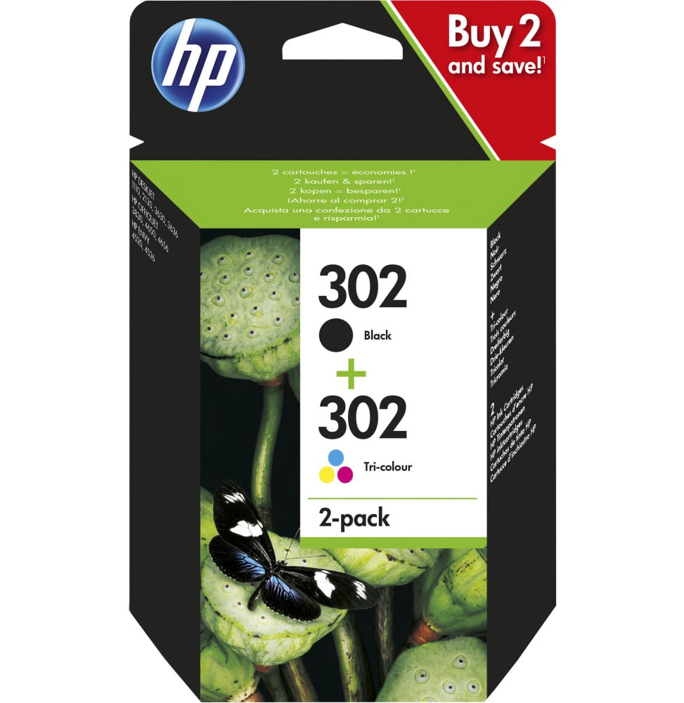 HP Pack de 2 cartouches d'encre noire/3 couleurs authentiques 302 (X4D37AE)
