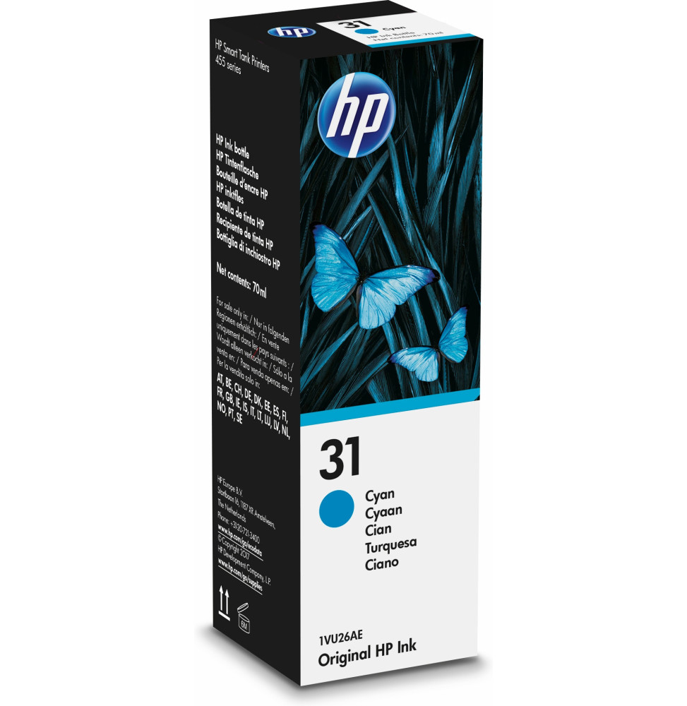 HP 31 70-ml Cyan Original Ink Bottle Originale Bouteille d'encre cyan authentique 70 mL 31 Original  (1VU26AE)