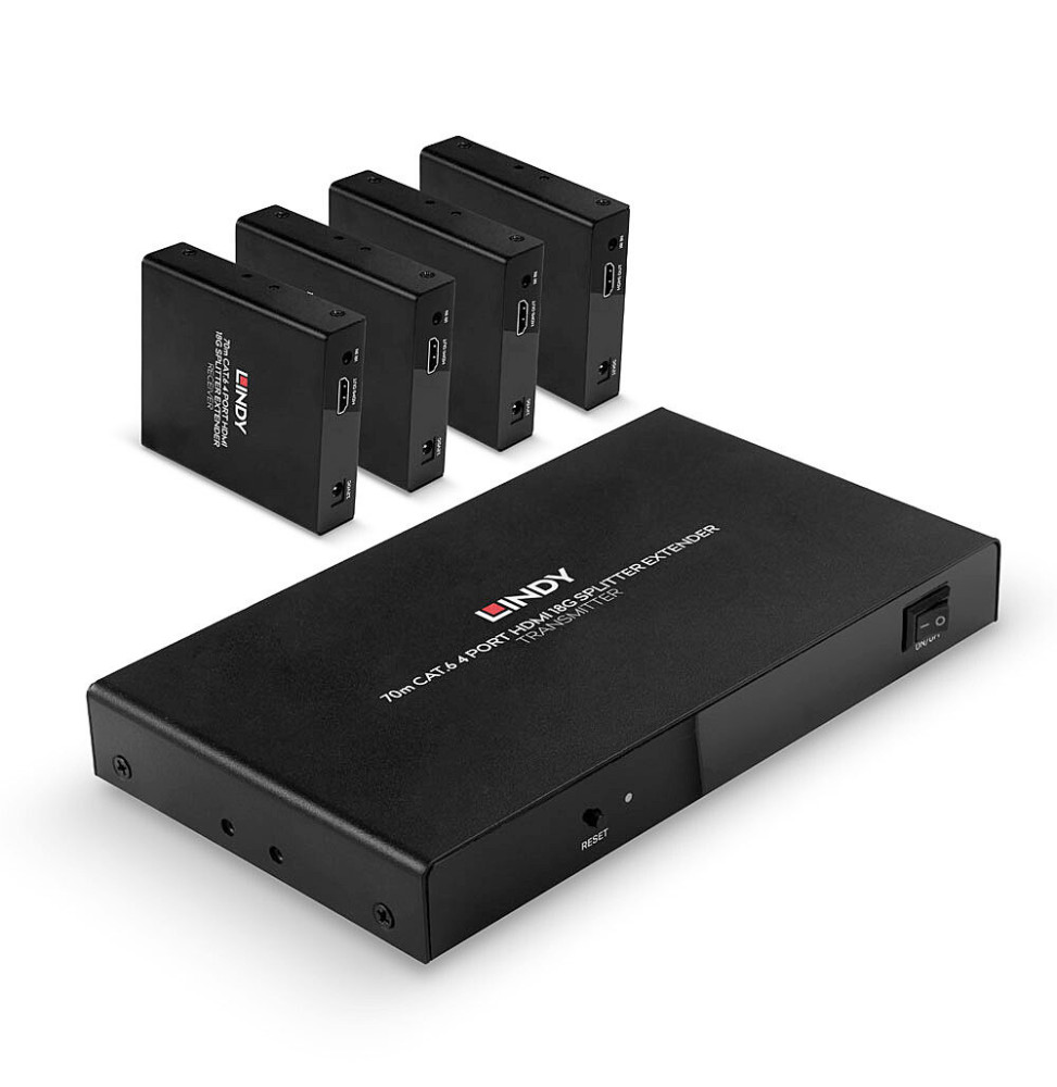 Lindy 38262 extension audio/video Émetteur et récepteur AV Noir Splitter Extender Cat.6 4 ports HDMI 4K60, 70m  (38262)