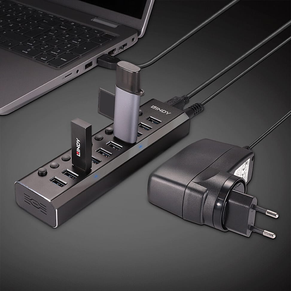 Lindy 10 Port USB 3.0 Hub with On/Off Switches USB 3.2 Gen 1 (3.1 Gen 1) Type-B 5000 Mbit/s Noir (43370) — image 5