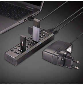 Lindy 10 Port USB 3.0 Hub with On/Off Switches USB 3.2 Gen 1 (3.1 Gen 1) Type-B 5000 Mbit/s Noir (43370)