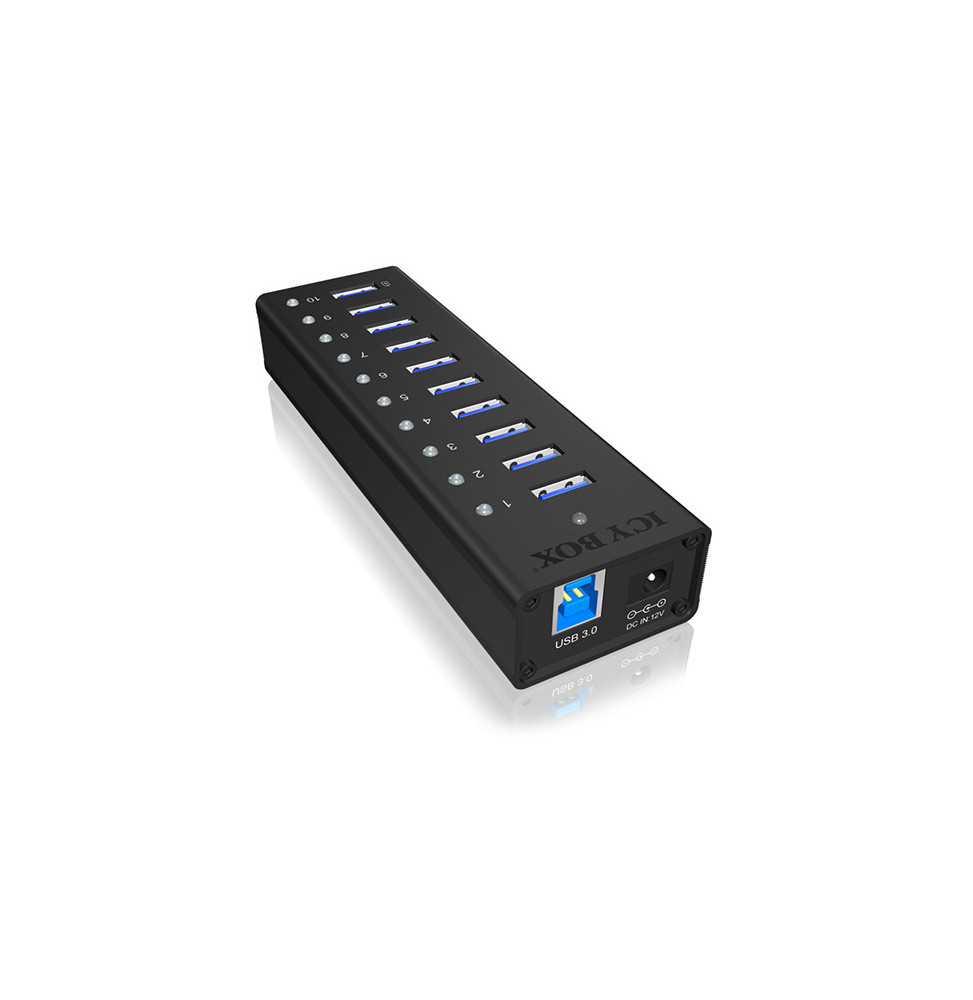 ICY BOX IB-AC6110 USB 3.2 Gen 1 (3.1 Gen 1) Type-B 5000 Mbit/s Noir USB 3.0, 10 x USB A, 100-240V to 12V/4A, 5 Gbit/s  (70419)