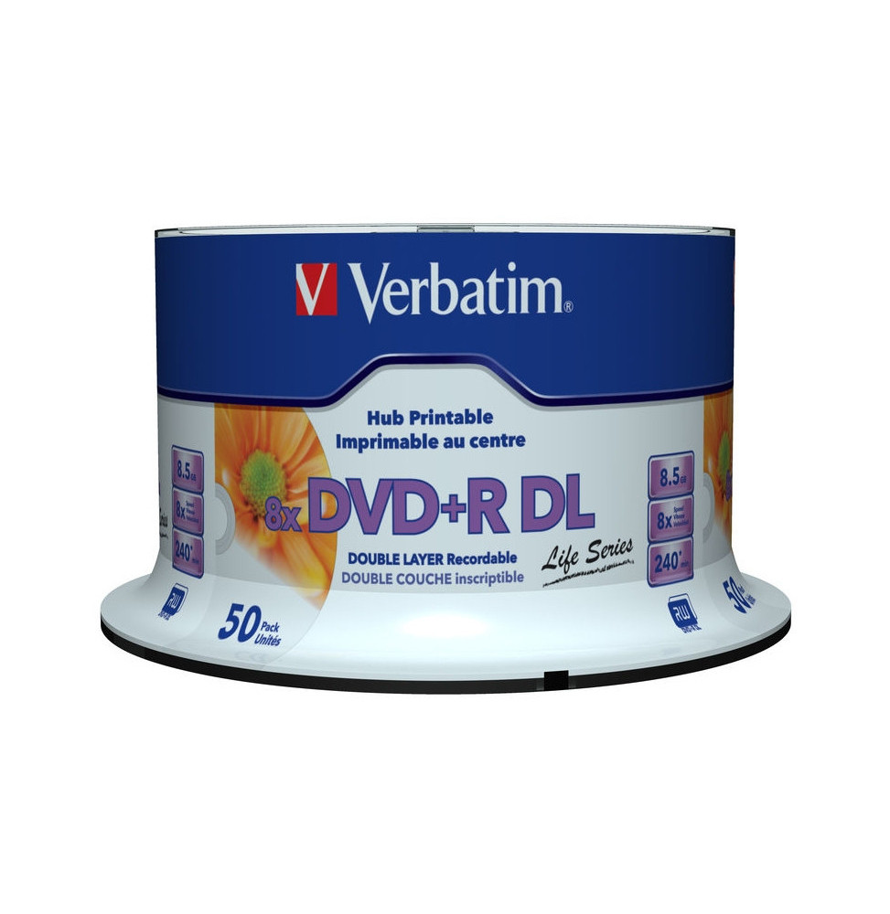 Verbatim 97693 DVD vierge 8,5 Go DVD+R DL 50 pièce(s) DVD+R Double Layer Inkjet Printable 8x Life Series, 50pcs  (97693)