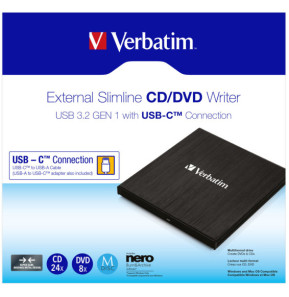 Verbatim 43886 lecteur de disques optiques DVD±RW Noir CD/DVD, 4 MB, USB-C, 145 x 133 x 11 mm, 237 g  (43886)