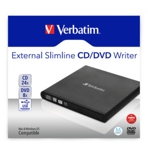 Verbatim Slimline CD/DVD lecteur de disques optiques DVD-RW Noir 8X DVD Write Speed, 24X CD Write Speed, USB 2.0  (98938)