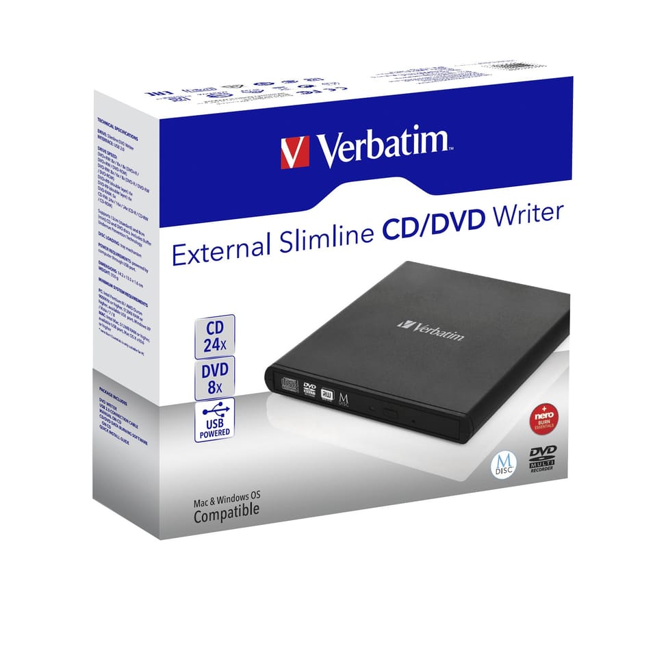 Verbatim Slimline CD/DVD lecteur de disques optiques DVD-RW Noir 8X DVD Write Speed, 24X CD Write Speed, USB 2.0  (98938) — image 5