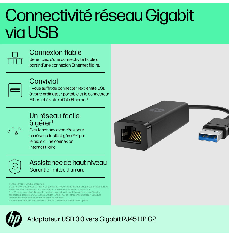 HP Adaptateur USB 3.0 RJ45 vers Gigabit G2 Adaptateur HP USB 3.0 RJ45 vers Gigabit G2  (4Z7Z7AA)