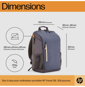 HP Sac à dos pour ordinateur portable 15,6 pouces Travel 18 litres (bleu nuit) (6B8U7AA)