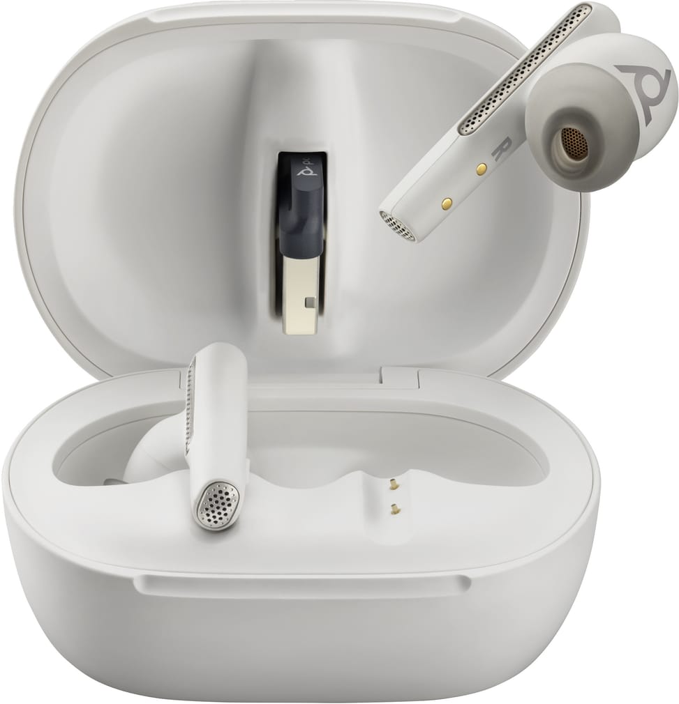 POLY Écouteurs sable blanc Voyager Free 60+ UC + adaptateur USB-A BT700 + étui de charge avec écran tactile (7Y8G5AA) — image 1