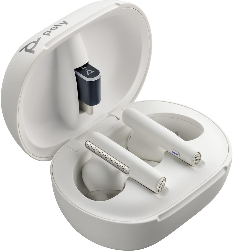 POLY Écouteurs sable blanc Voyager Free 60+ UC + adaptateur USB-A BT700 + étui de charge avec écran tactile (7Y8G5AA) — image 3
