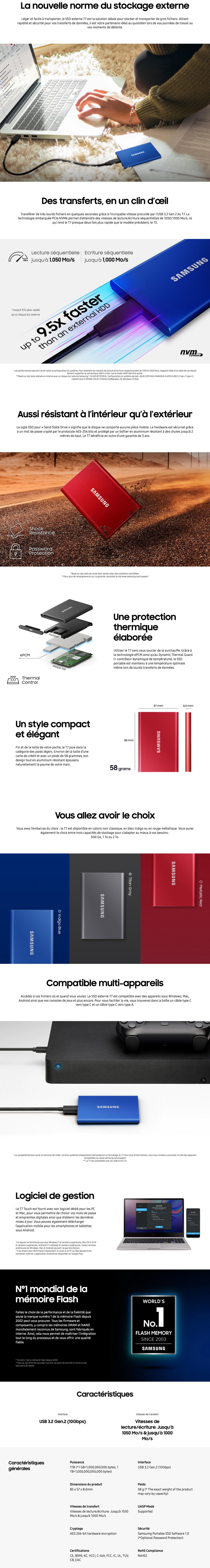Disque dur externe Samsung T7 SSD 1To (MU-PC1T0H_WW)