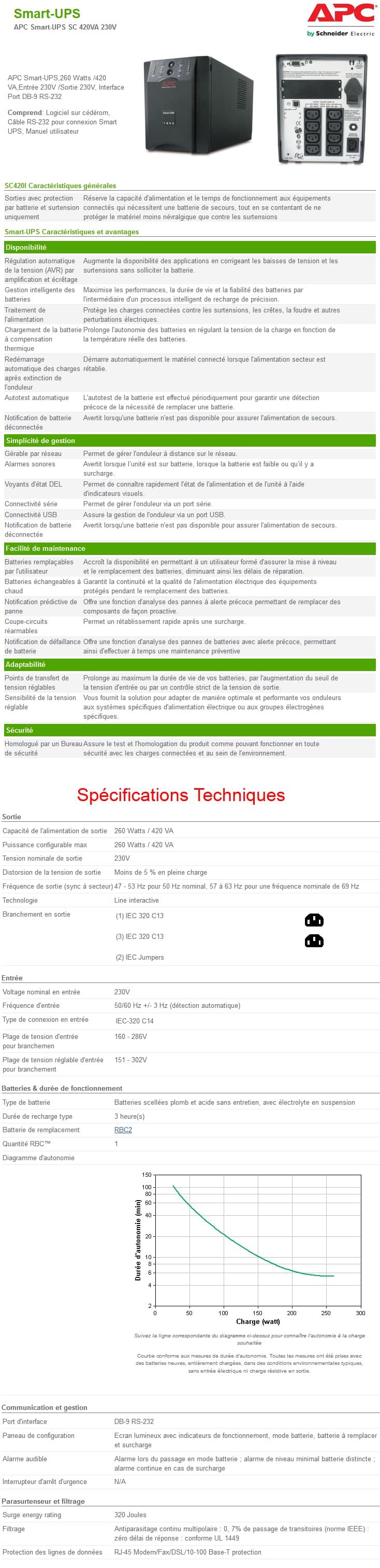 Onduleur Line Interactive avec Stabilisateur de tension APC Smart-UPS SC 420VA Tour