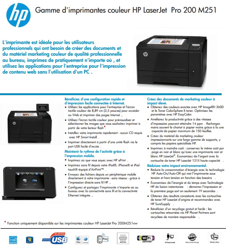 Imprimante couleur HP LaserJet Pro 200 M251nw (CF147A)