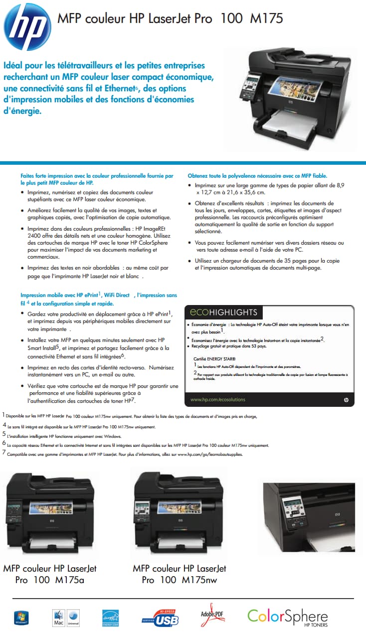 Imprimante multifonction A4 couleur HP LaserJet Pro 100 M175nw (CE866A)