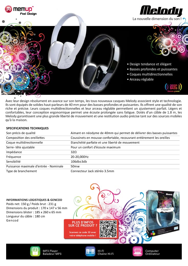 Casque filaire Memup MELODY - Jack stéréo 3.5 mm