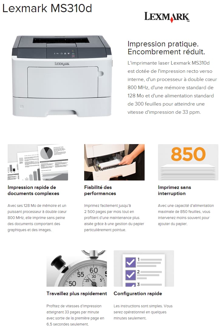 Imprimante laser monochrome Lexmark MS310d (35S0070)