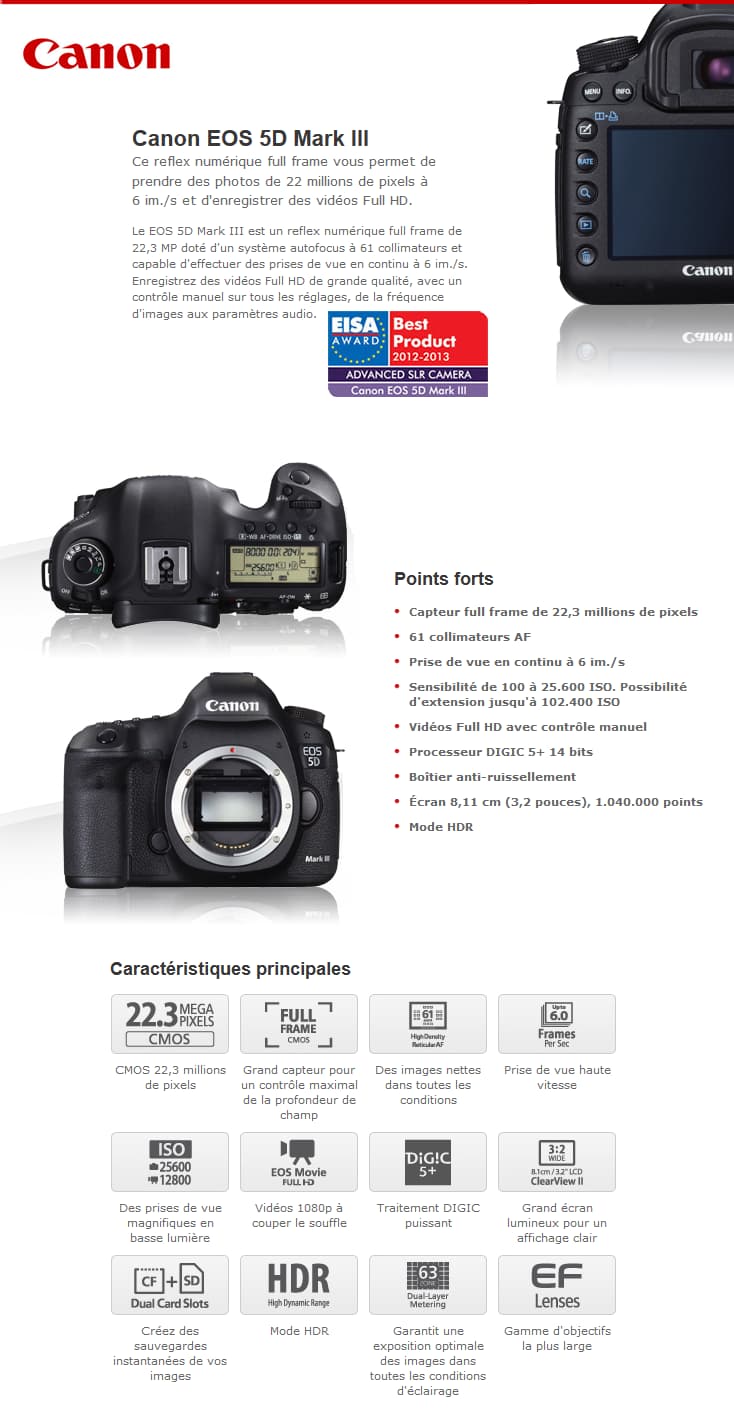 Reflex Canon EOS 5D Mark III Boîtier Nu