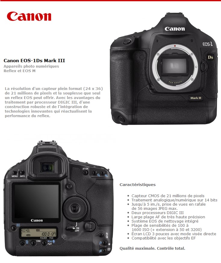 Reflex Canon EOS-1Ds Mark III Boîtier Nu