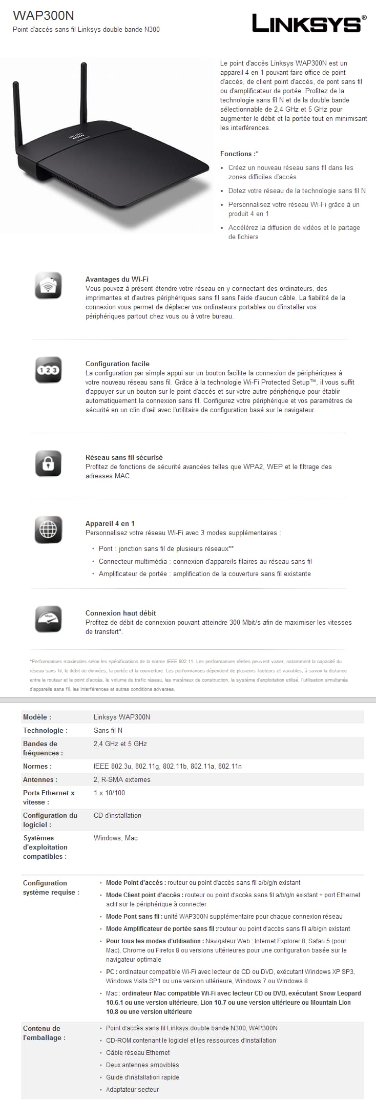 Point d'accès WiFi 4 Linksys WAP300N sans fil double bande N300