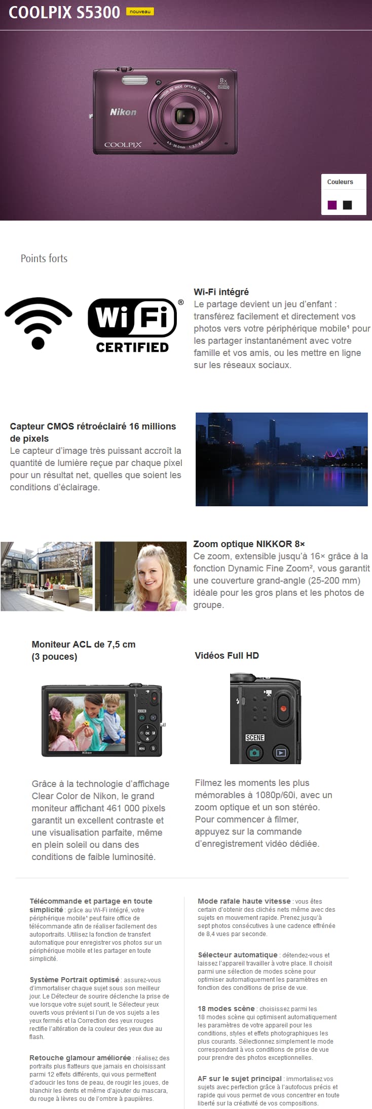 Appareil photo Nikon Coolpix S5300 - 16MP /8X + Etui et Carte SD offerts
