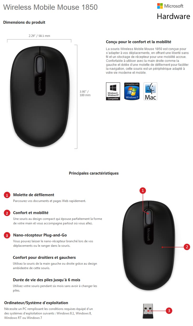 Souris Microsoft Wireless Mobile Mouse 1850 - Noir (U7Z-00004)