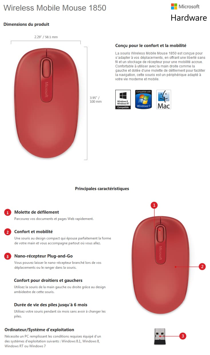Souris Microsoft Wireless Mobile Mouse 1850 - Rouge (U7Z-00034)