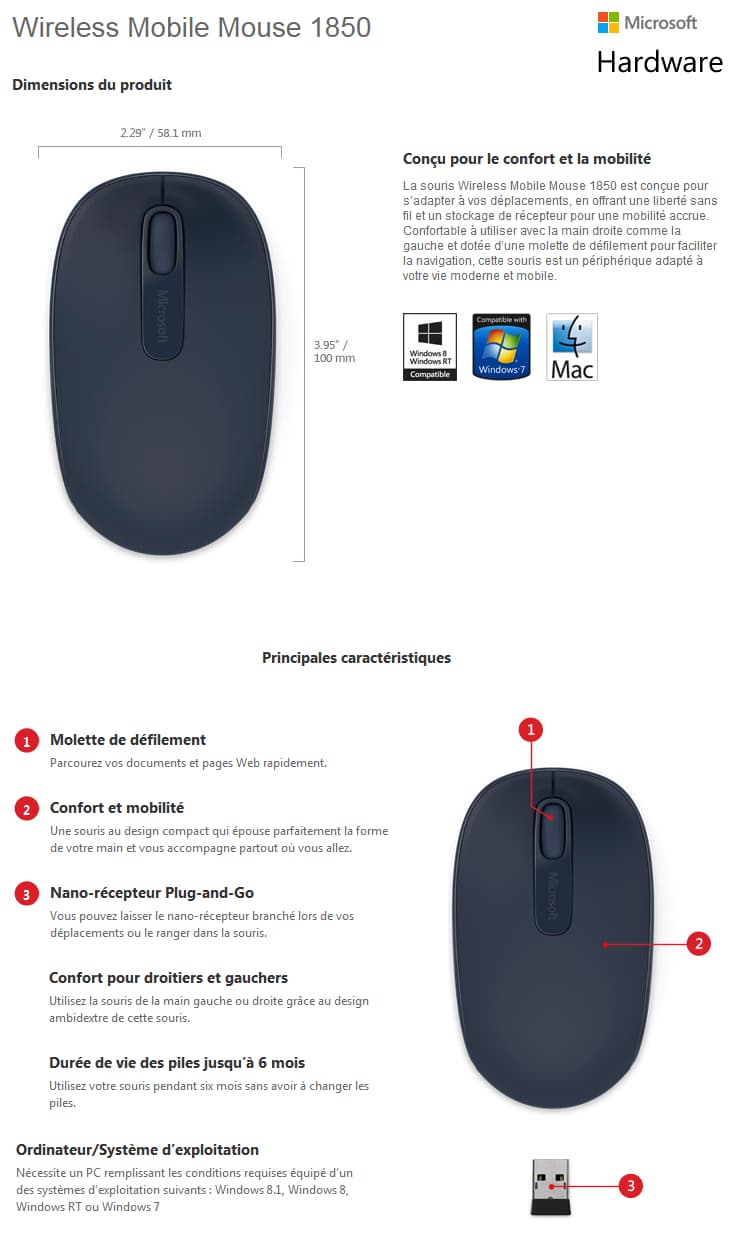 Souris Microsoft Wireless Mobile Mouse 1850 - Blue (U7Z-00014)