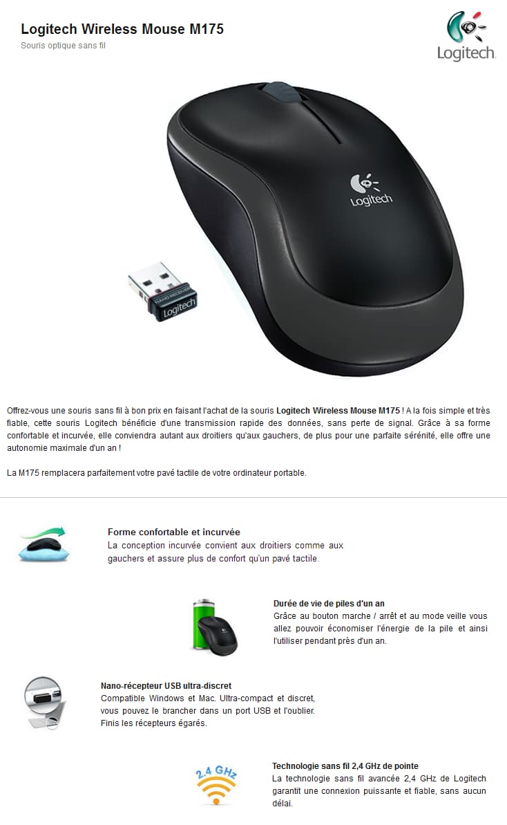 Souris sans fil Logitech Wireless Mouse M175 optique