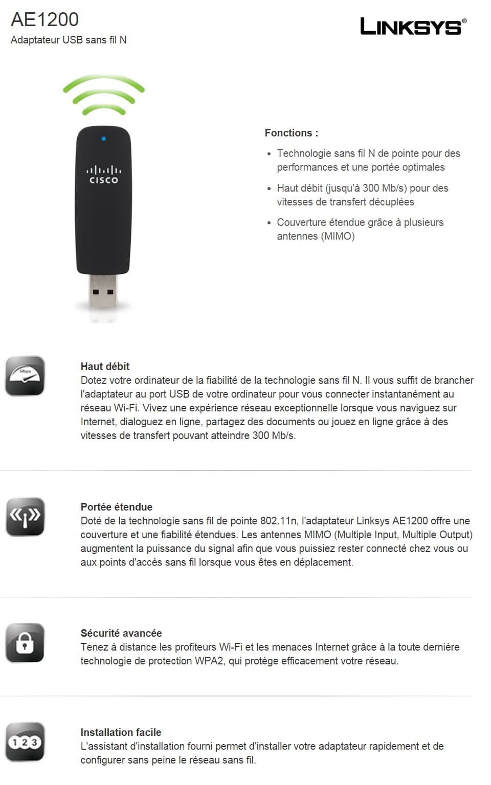Adaptateur Linksys Wi-Fi USB sans fil N AE1200 (AE1200-EE)