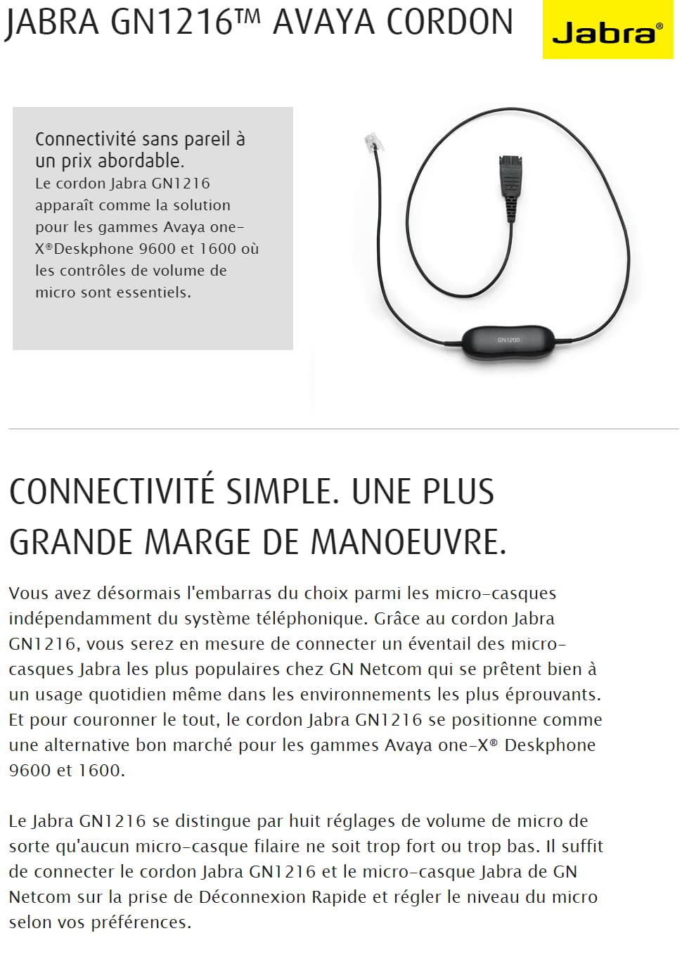 Cordon Jabra casque GN 1216 pour les téléphones Avaya 9600/1600