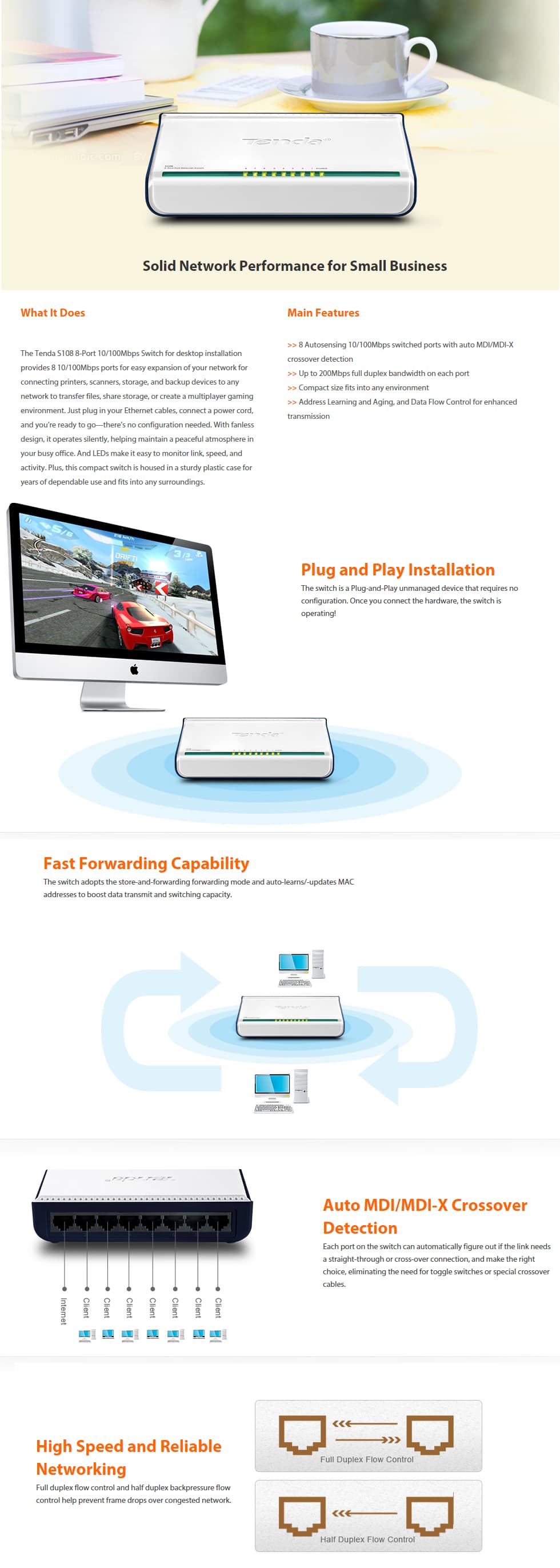 Switch Non Administrable Tenda 8-Port 10/100Mbps