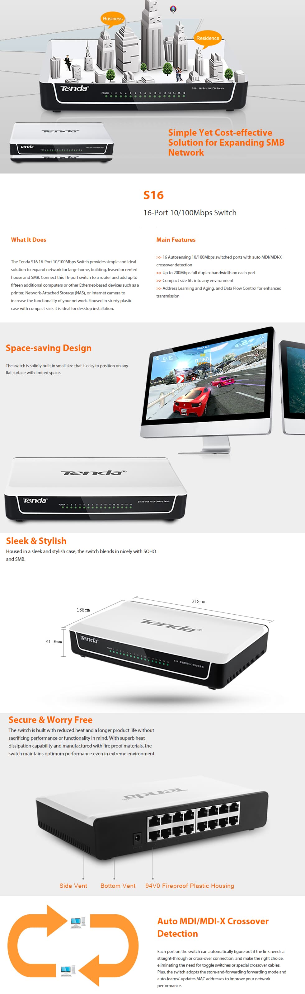 Switch Non Administrable Tenda 16-Port 10/100Mbps