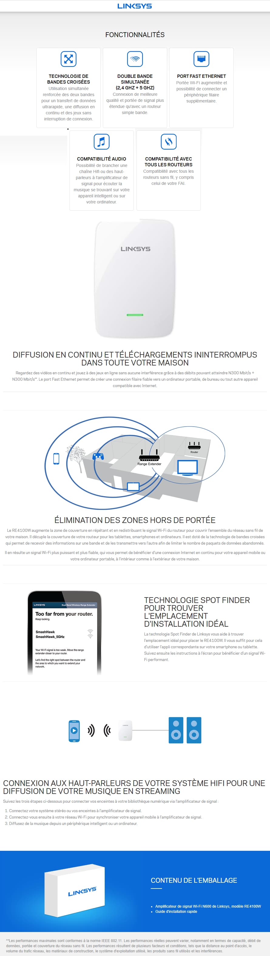 Amplificateur de portée Wi-Fi Linksys N600 (RE4100W)