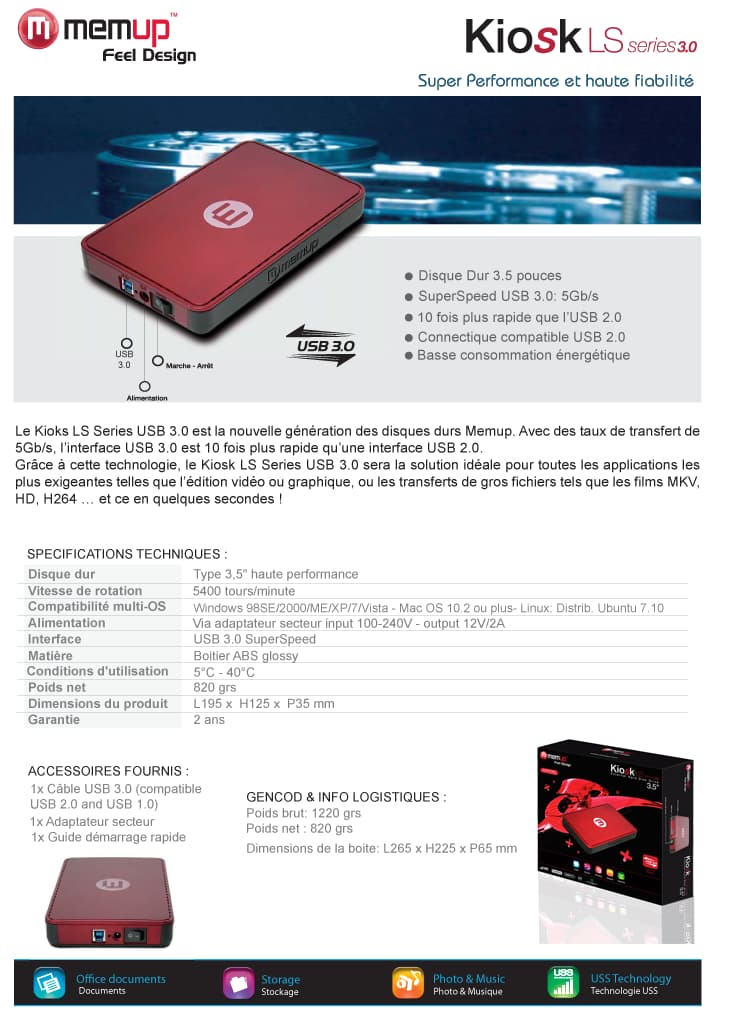 Disque Dur Externe Memup KIOSK LS USB 3.0 - 3 TB + CARTE PCIE