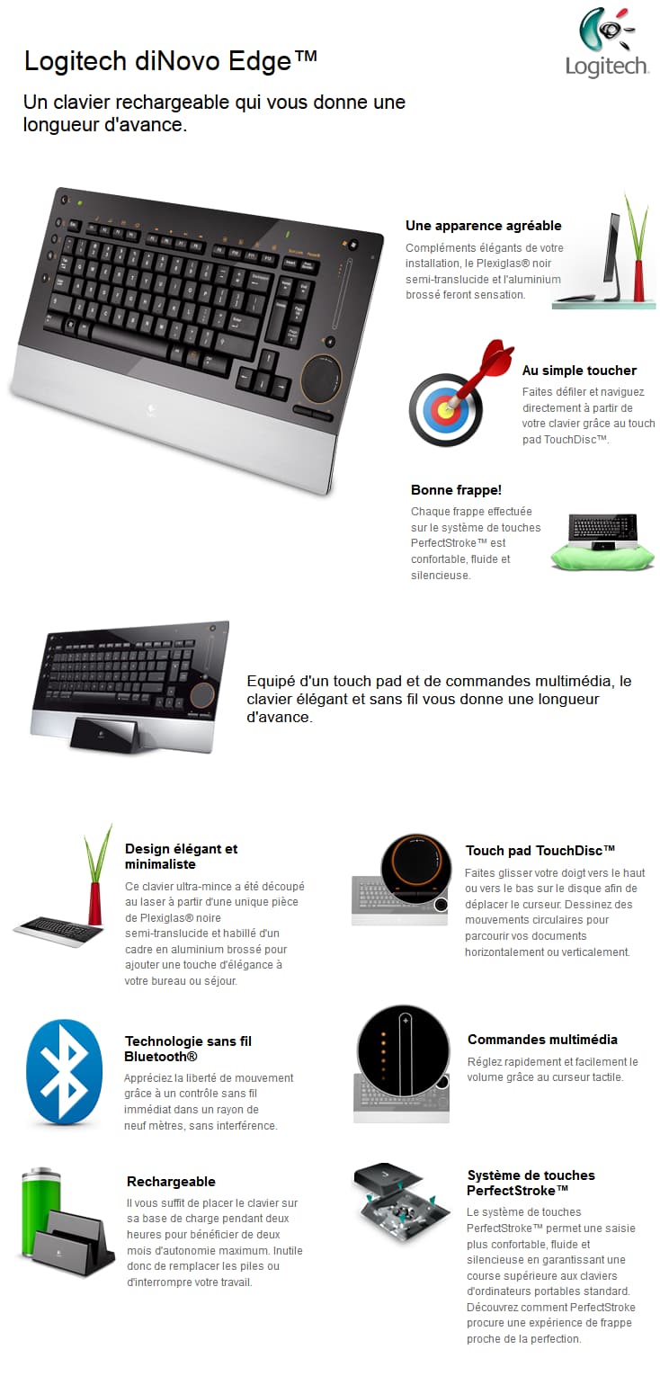 Clavier sans fil Bluetooth Logitech diNovo Edge - AZERTY