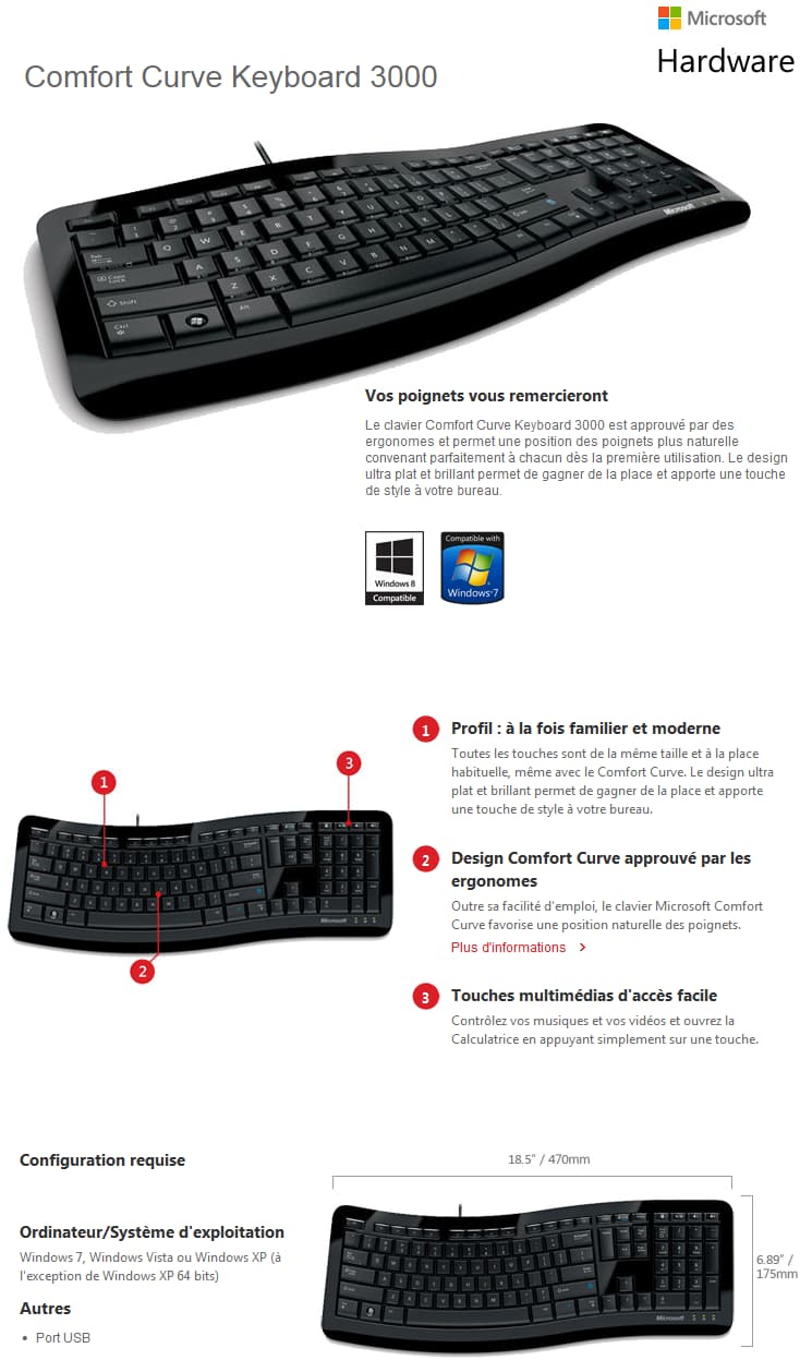Clavier USB Microsoft Comfort Curve Keyboard 3000 - AZERTY