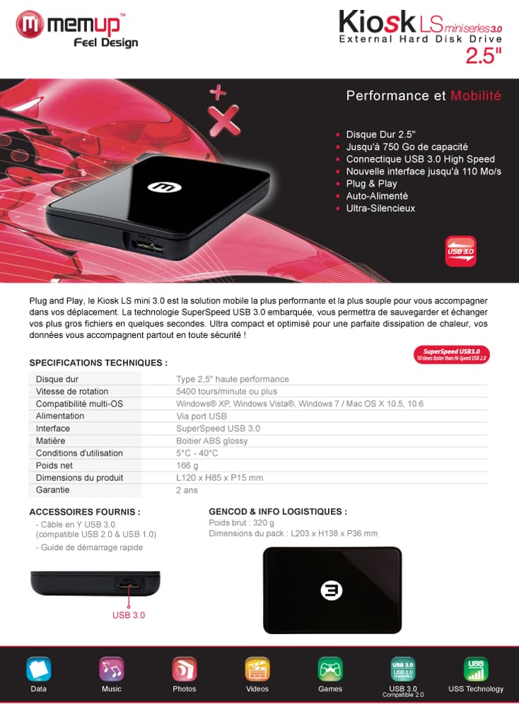 Memup Kiosk LS mini series Disque dur externe 2.5" portable USB 3.0 Noir
