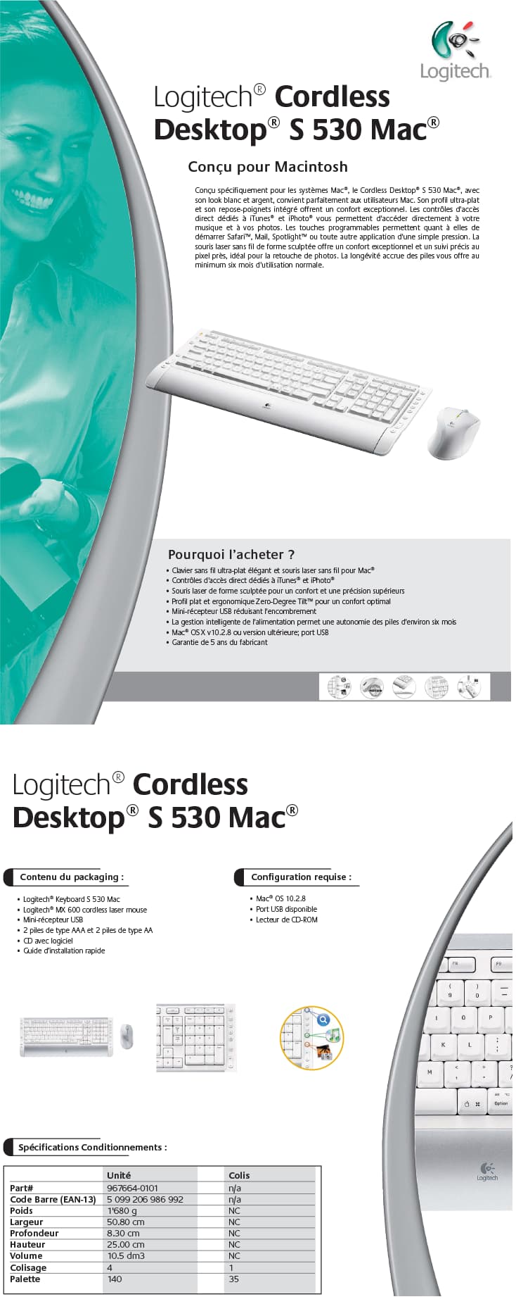 Clavier et souris Logitech Cordless Desktop S 530 Mac - AZERTY