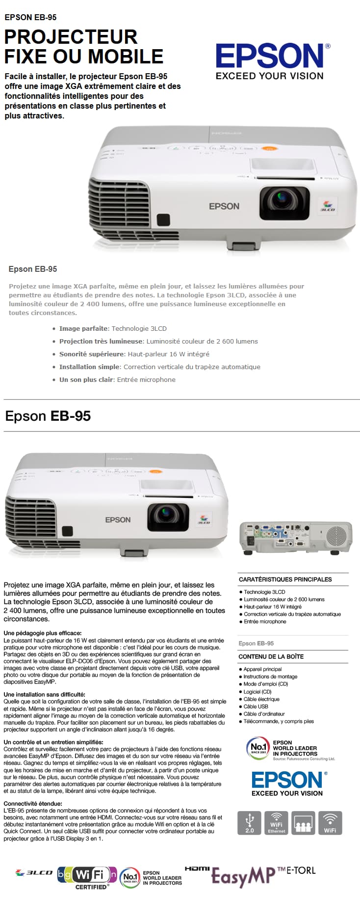 Projecteur fixe ou mobile Epson EB-95