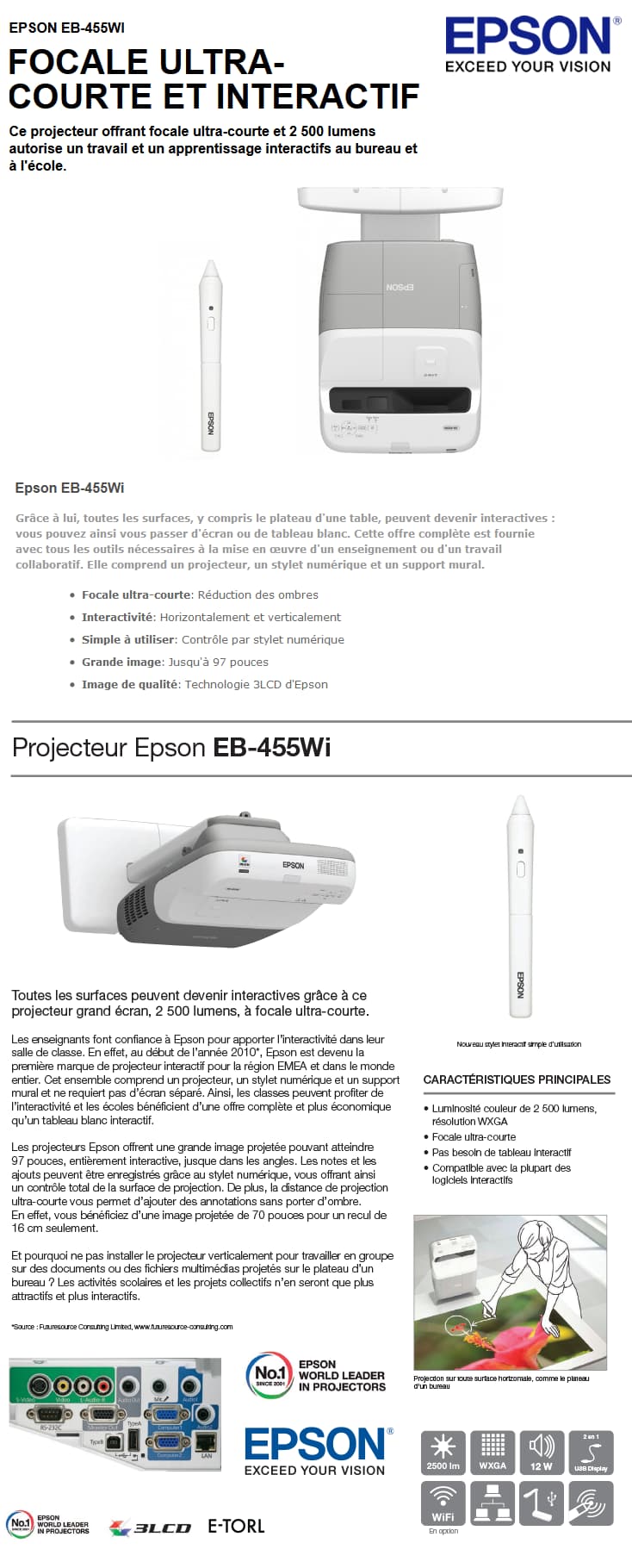 Vidéoprojecteur Epson EB-455WI focale ultra-courte et interactif 2 500 lumens