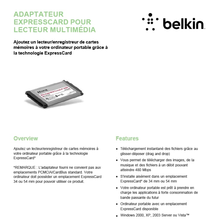 Lecteur de carte mémoire ExpressCard 6 en 1 (SD/MMC/MMCplus/MS/MS Pro/xD-Picture)