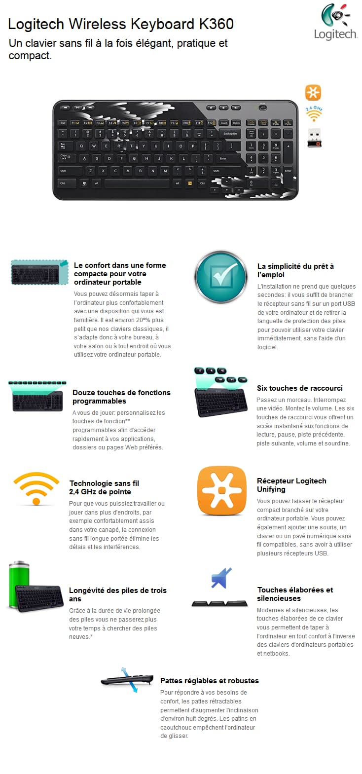 Logitech Wireless Keyboard K360 Coral Fan - Clavier sans fil - AZERTY
