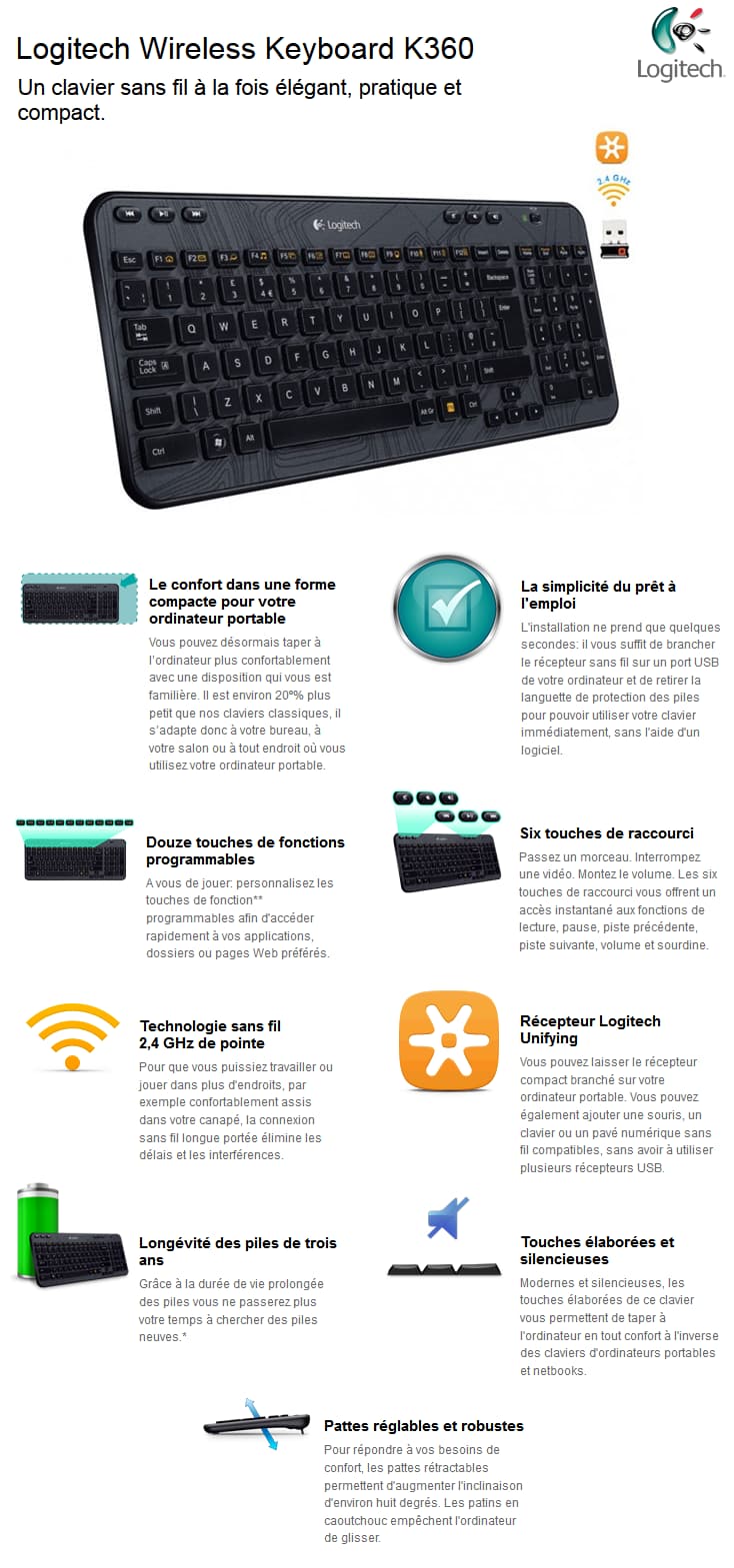Logitech Wireless Keyboard K360 - Clavier multimédia sans fil (AZERTY Français)