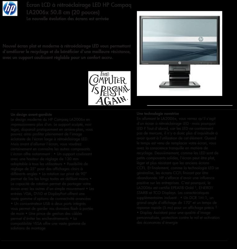 Ecran à cristaux liquides 20 pouces HP Compaq LA2006x avec rétroéclairage LED (XN374AA) 